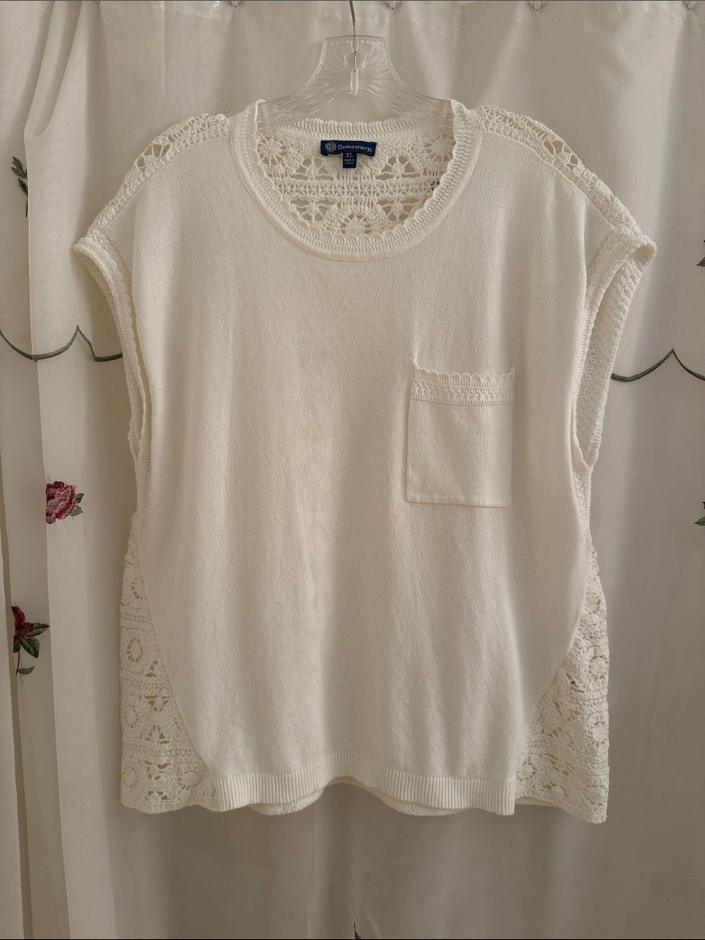 Democracy Cream Crochet Back, Cap Sleeve Top with Front Pocket